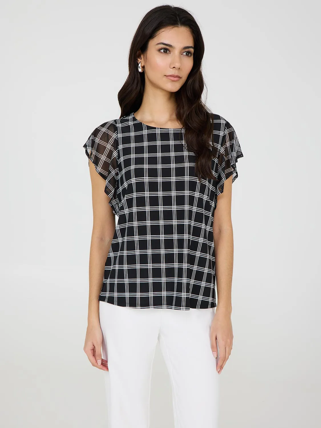 Plaid Print Mesh Flutter Sleeve Top Just Vibe