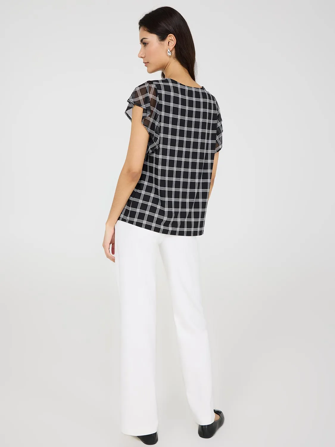Plaid Print Mesh Flutter Sleeve Top Modern Fit