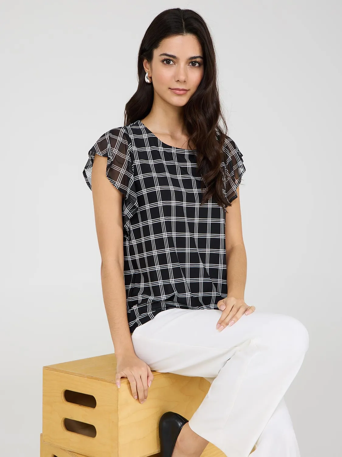 Plaid Print Mesh Flutter Sleeve Top Urban Spirit