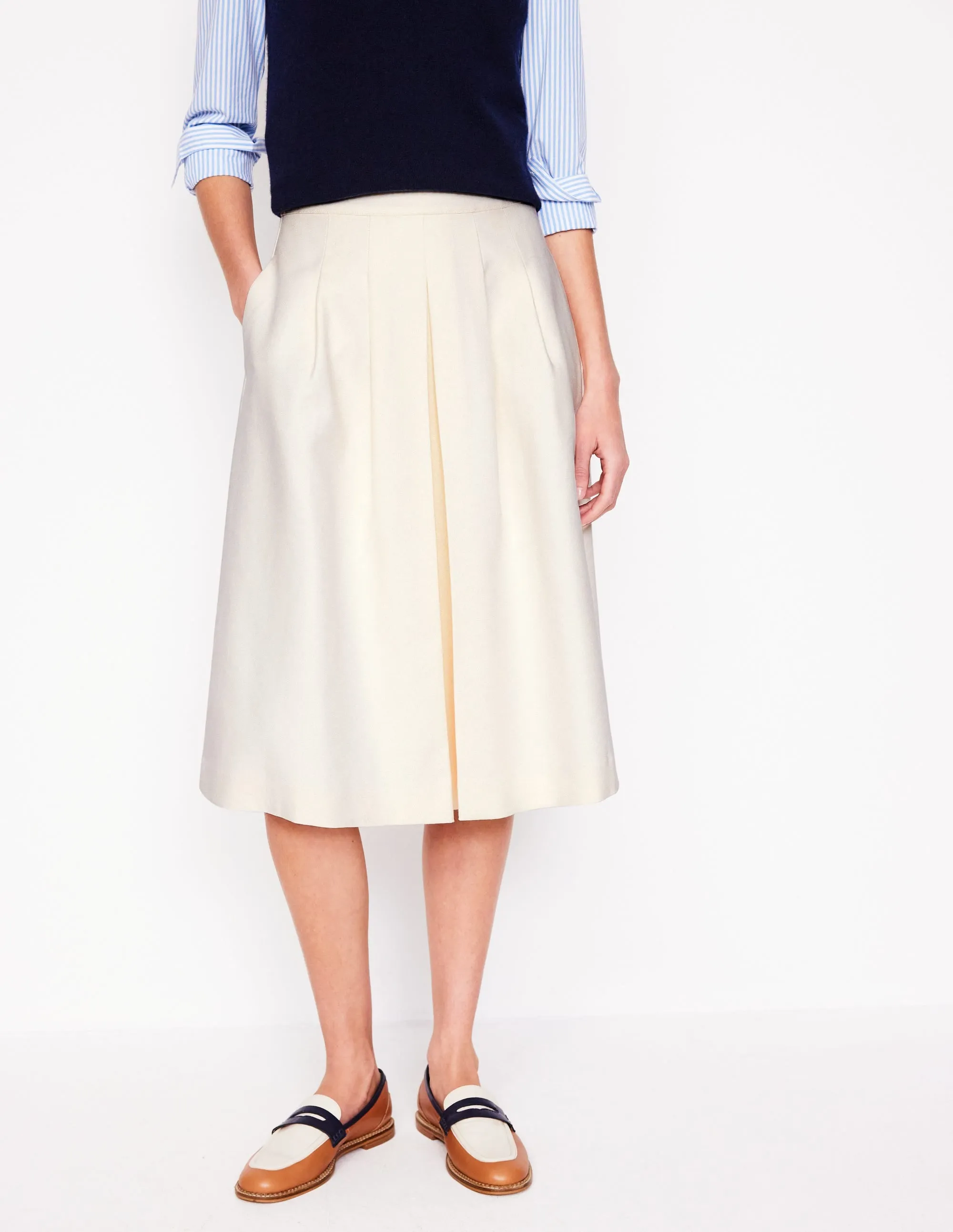 Pleat Detail Midi Skirt-Ivory active trend