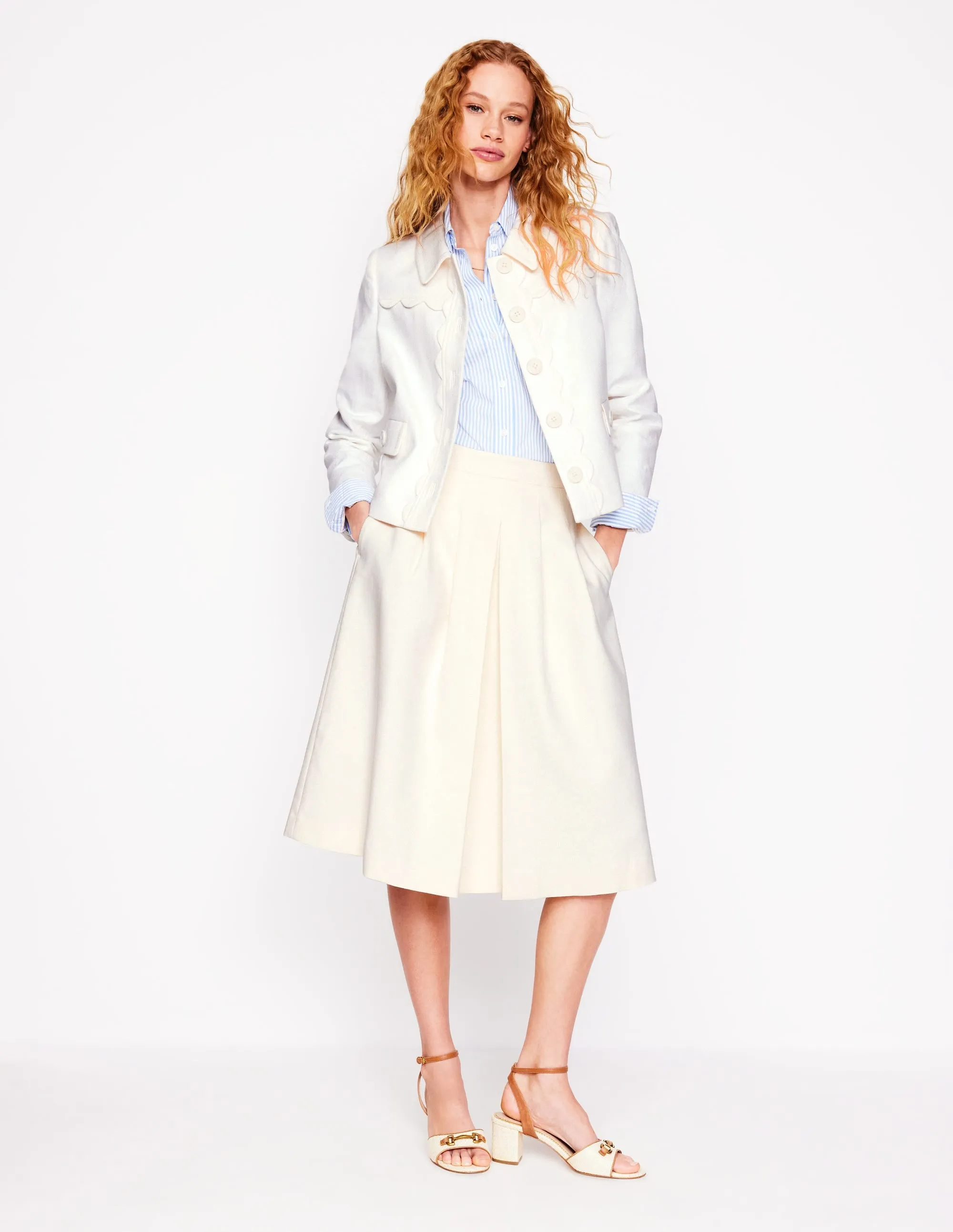 Pleat Detail Midi Skirt-Ivory soft texture