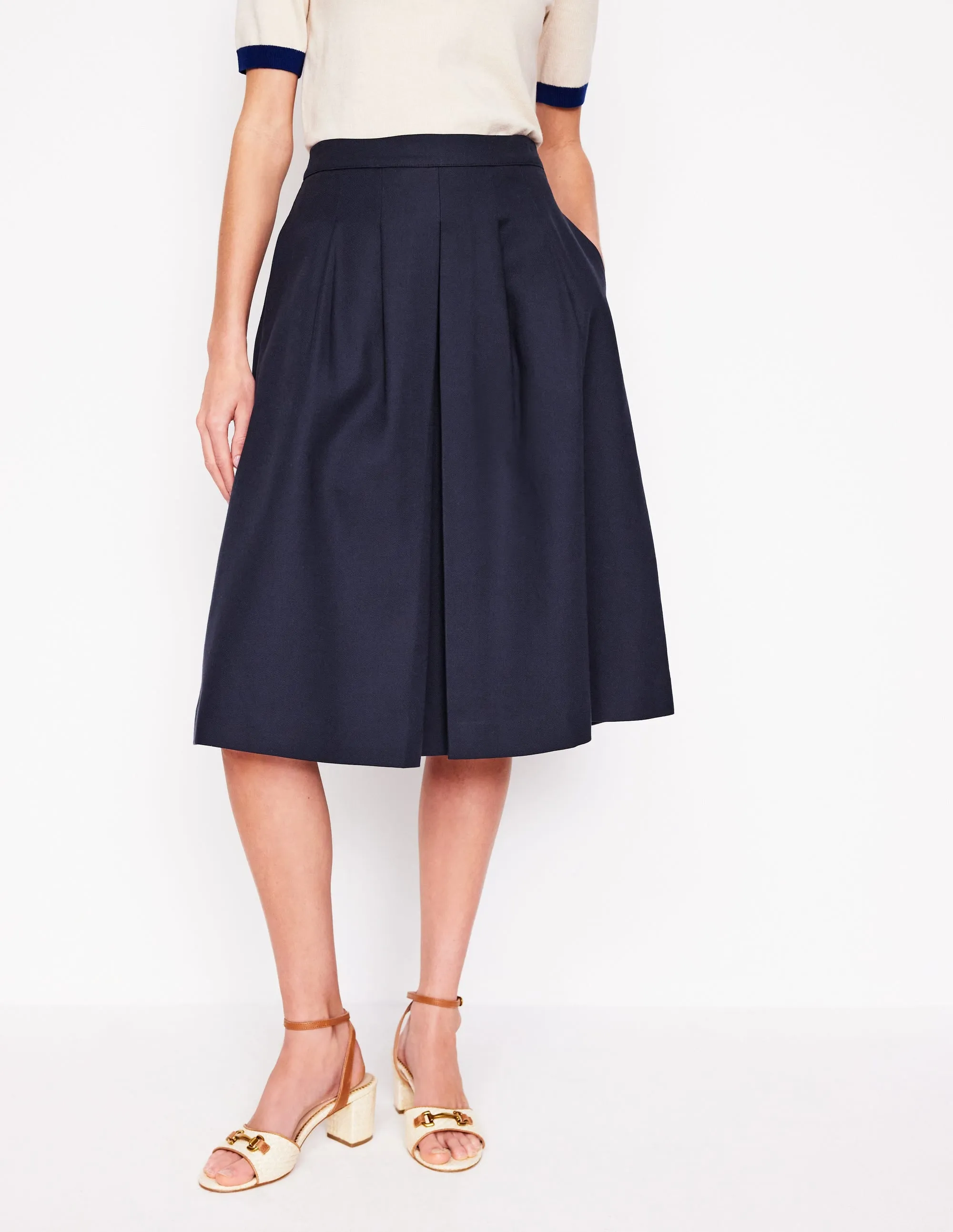 Pleat Detail Midi Skirt-Navy simple style