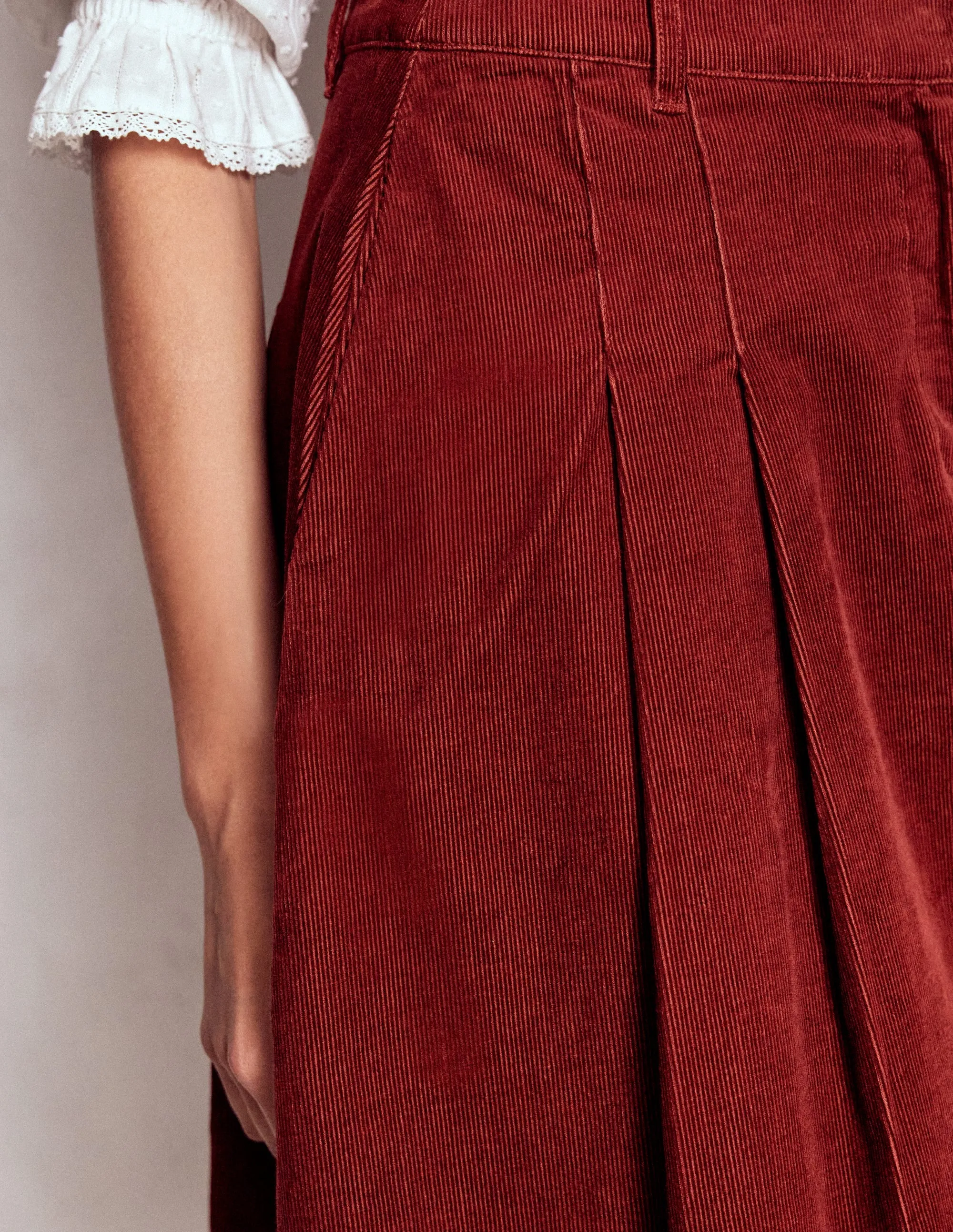 Pleated Cord Skirt-Fired Brick fine texture