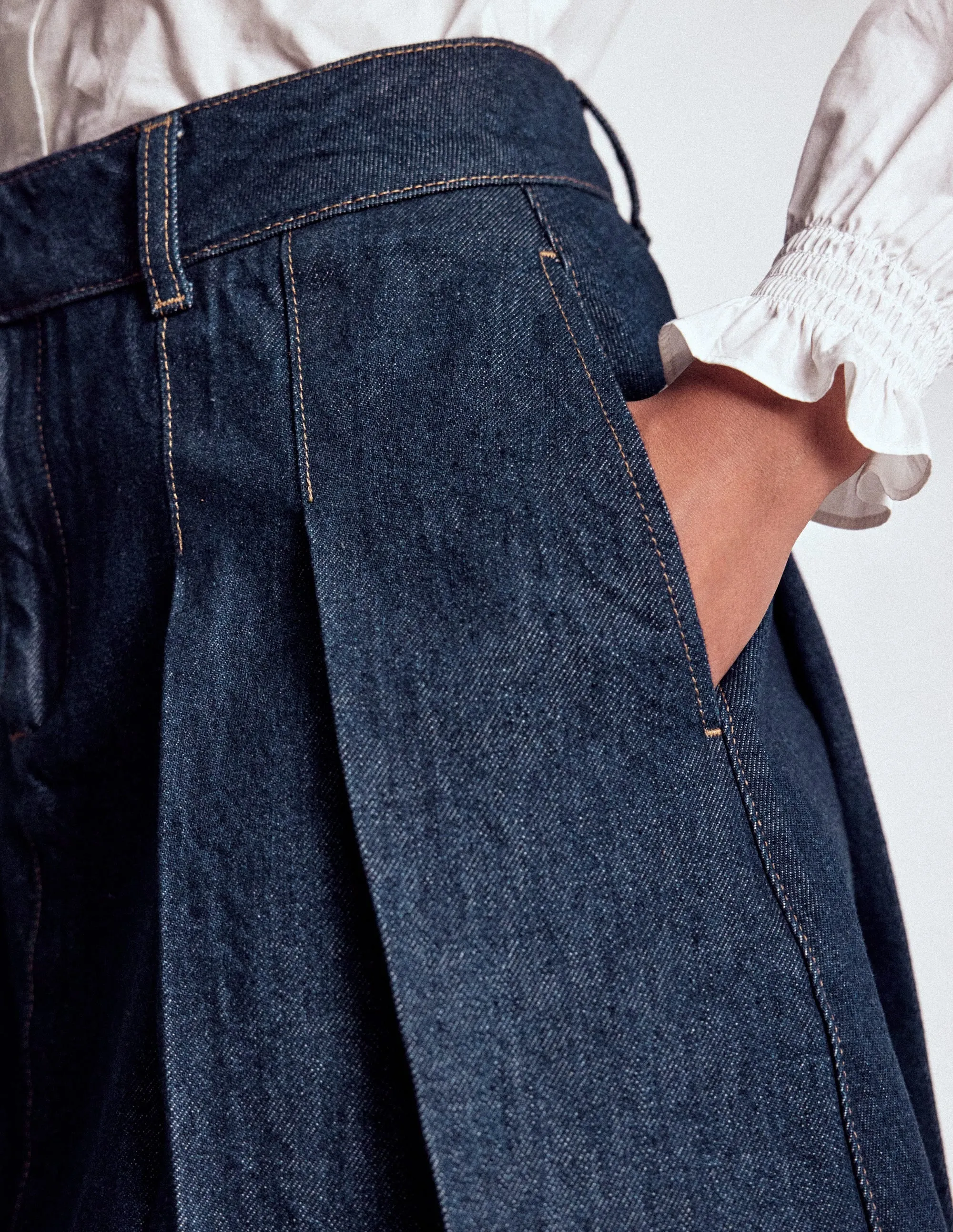 Pleated Denim Skirt-Indigo bold style