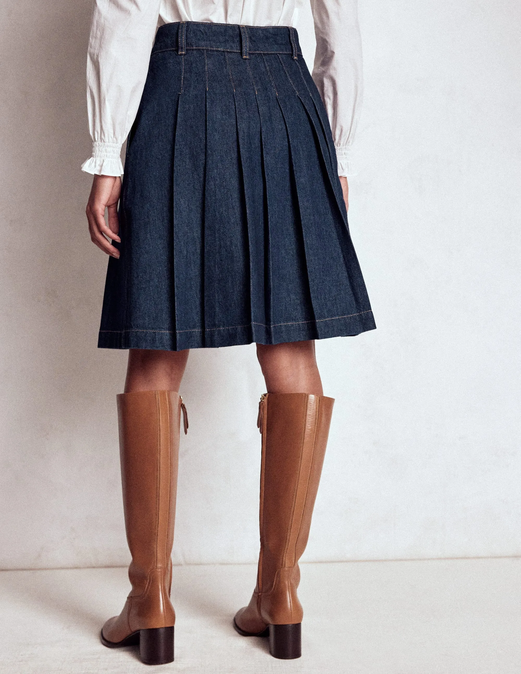 Pleated Denim Skirt-Indigo light soft