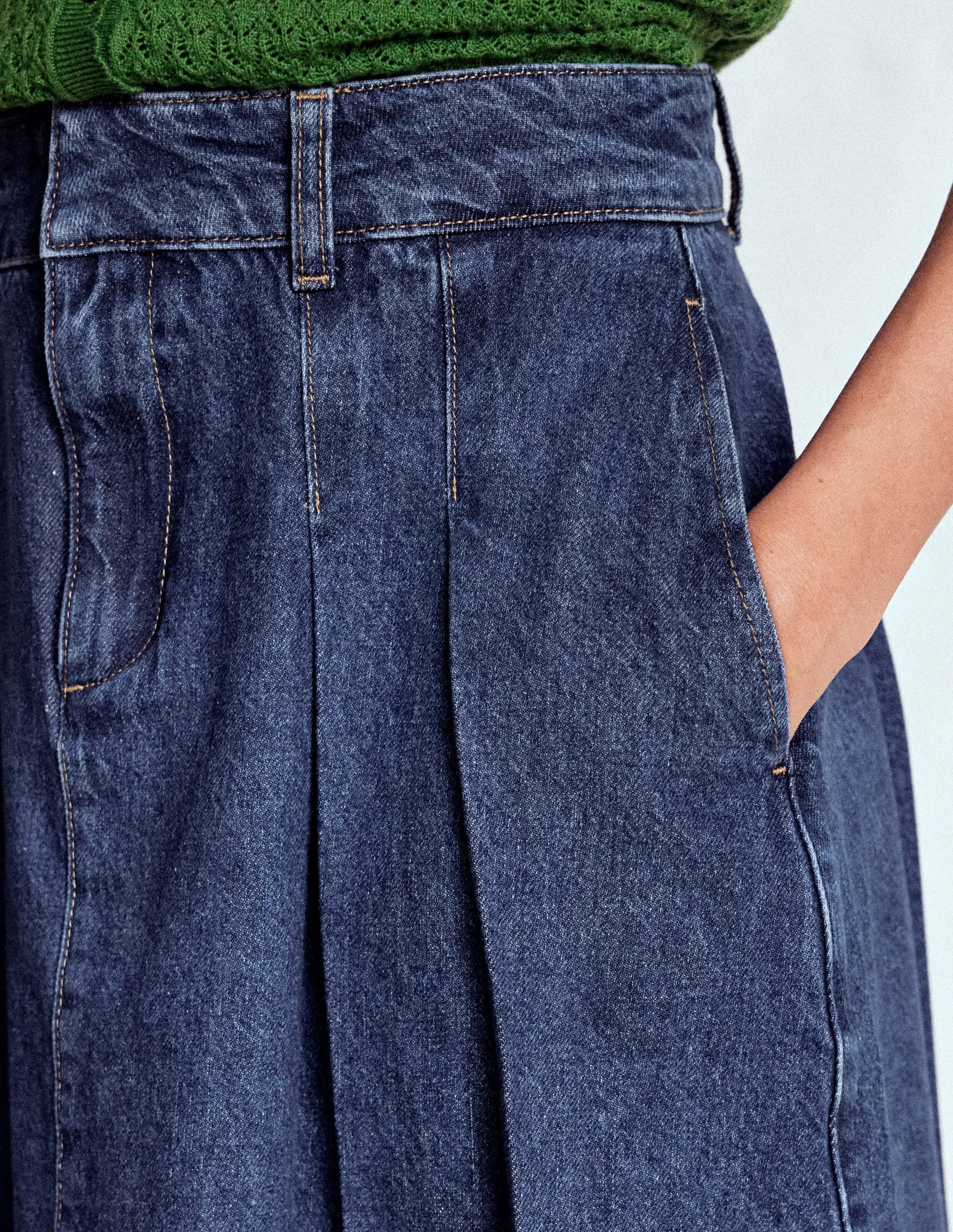 Pleated Denim Skirt-Mid Wash comfy wear