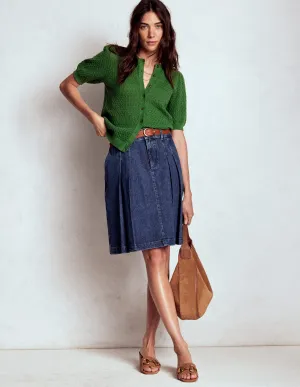Pleated Denim Skirt-Mid Wash light flow