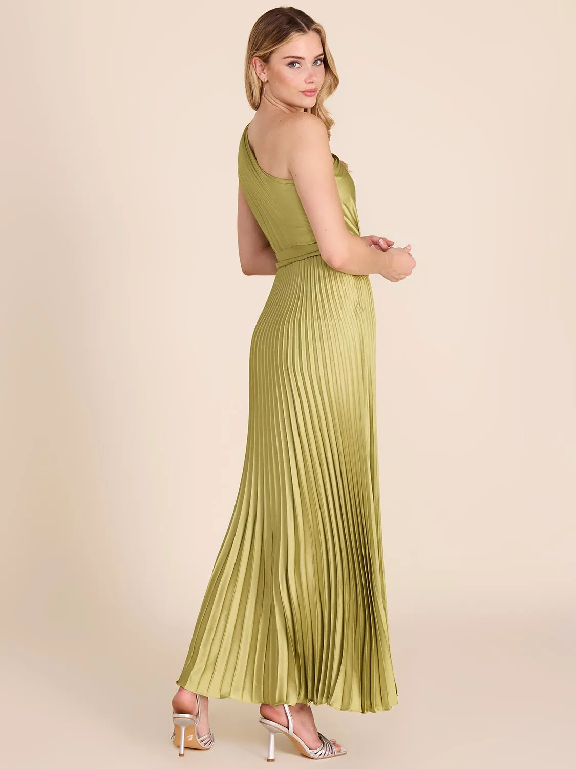 Pleated One-Shoulder Satin Gown night shine