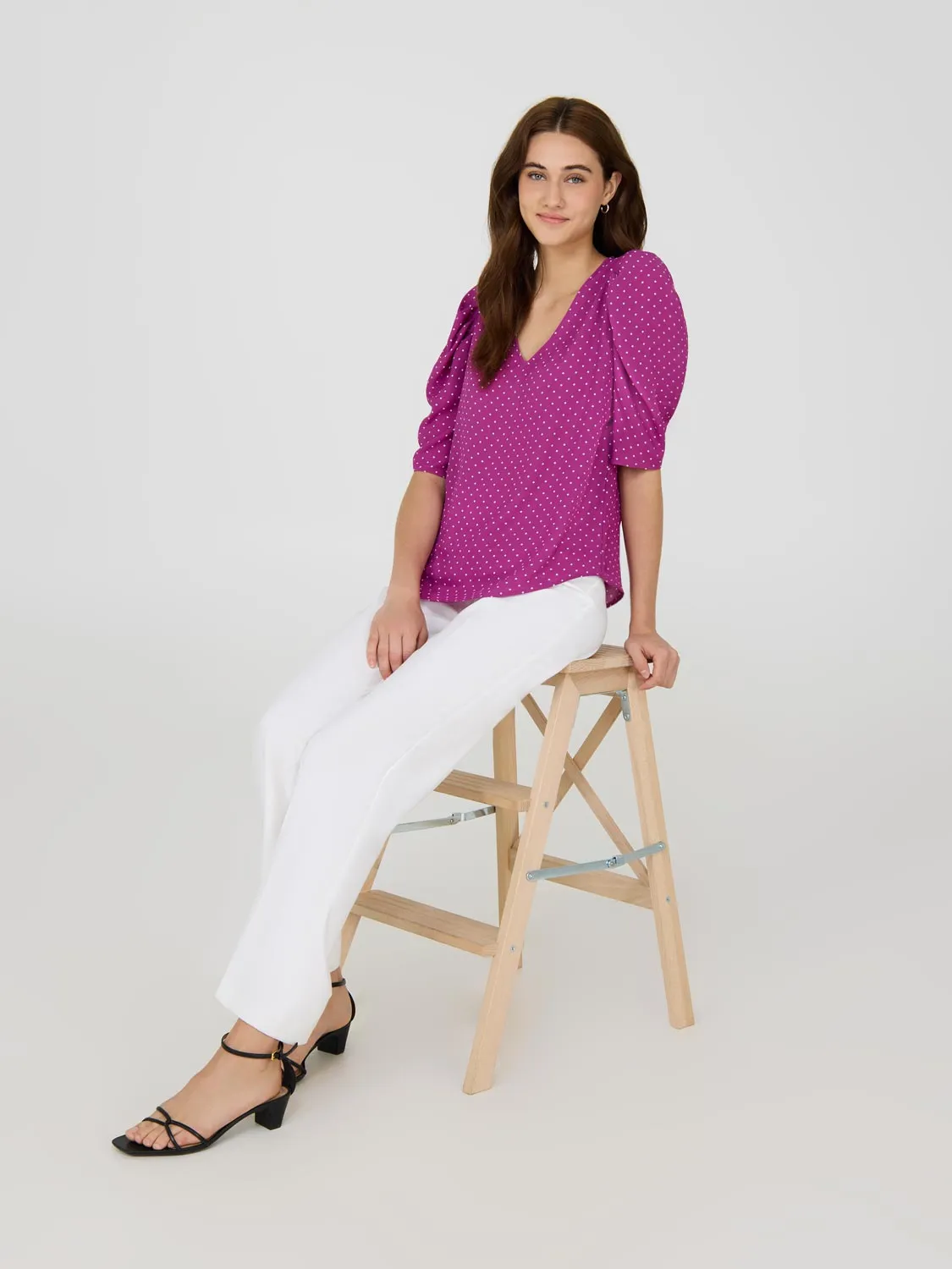 Polka Dot Puff Sleeve Top Walk Comfort