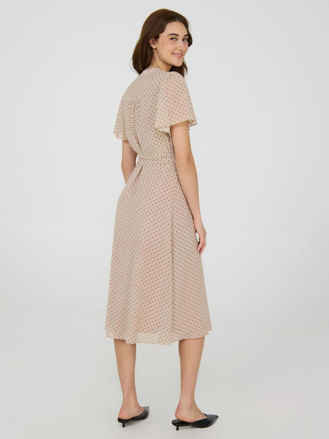 Polka Dot Split Neck Chiffon Midi Dress weekend getaway