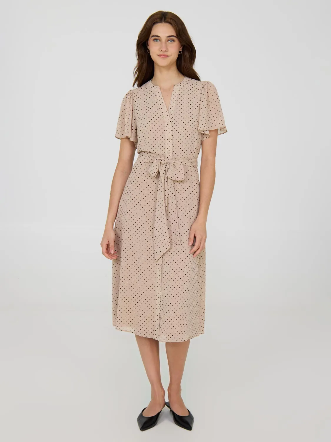 Polka Dot Split Neck Chiffon Midi Dress mature style