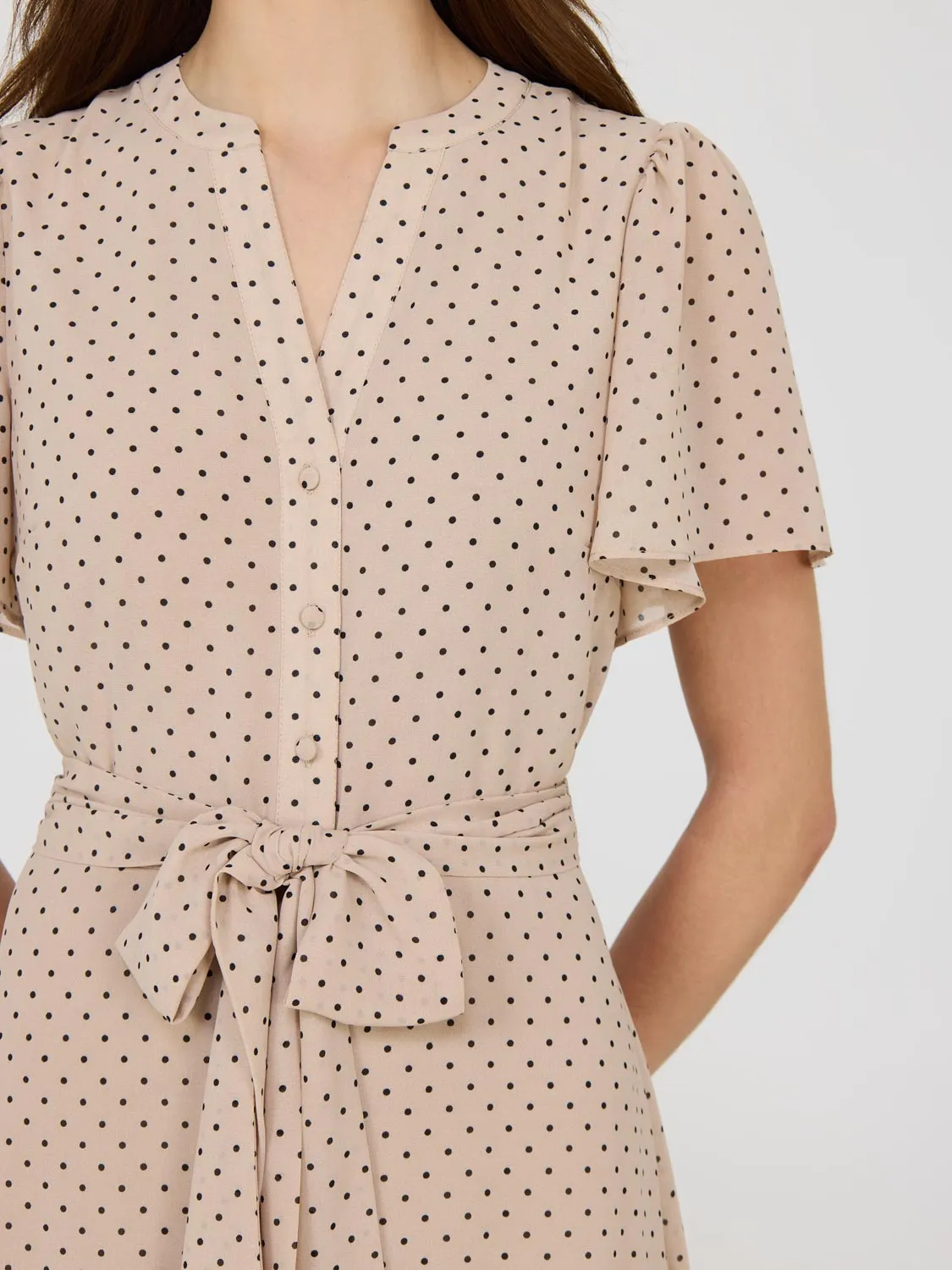 Polka Dot Split Neck Chiffon Midi Dress solid color