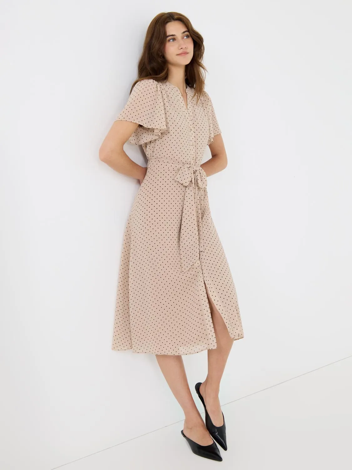 Polka Dot Split Neck Chiffon Midi Dress fit effect