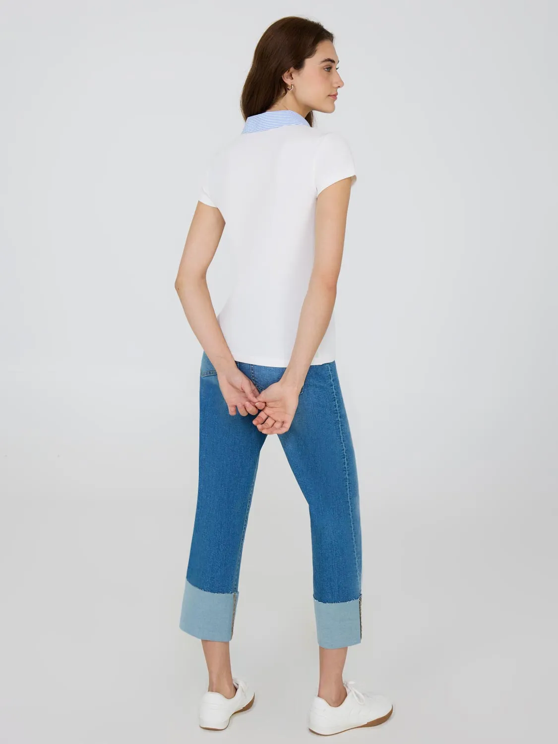 Poplin Collar Ribbed V-Neck Top Smart Casual