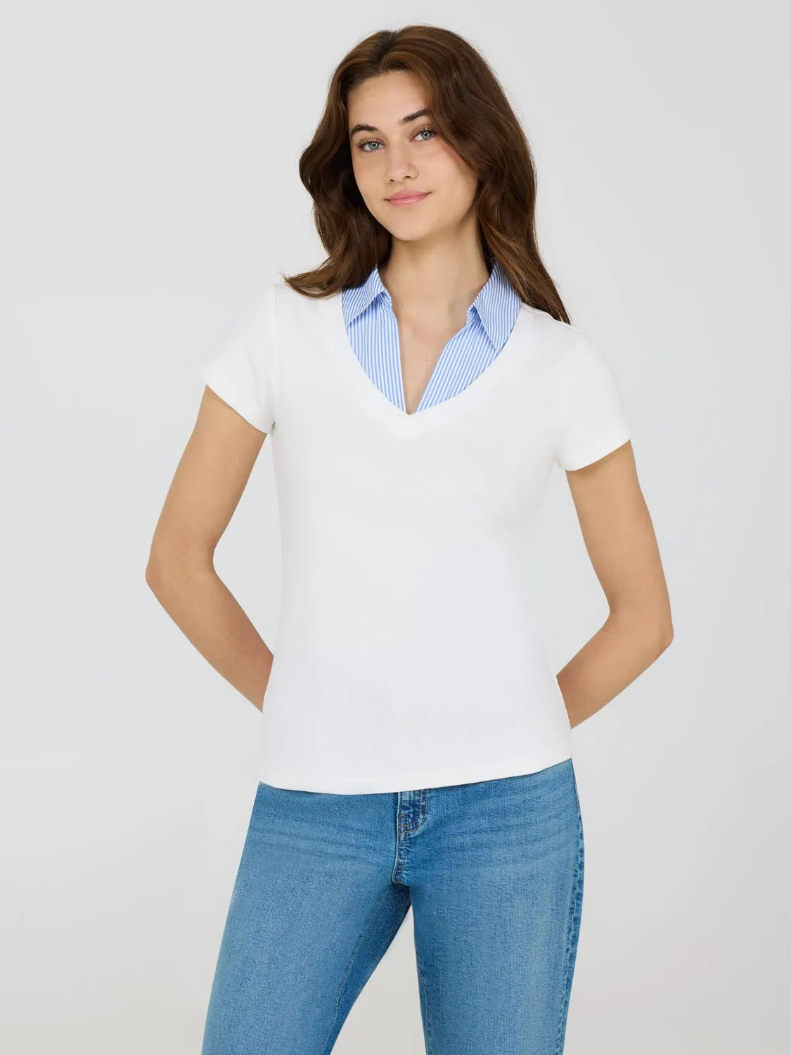 Poplin Collar Ribbed V-Neck Top Summer Days