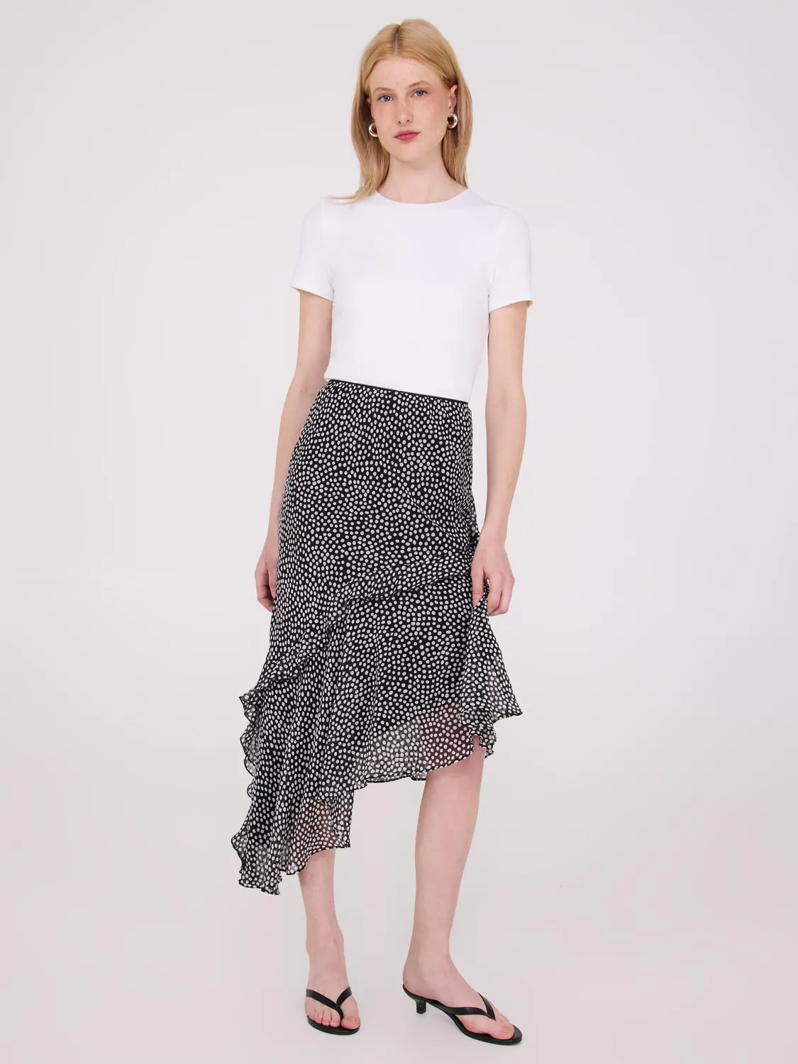 Printed Asymmetrical Ruffle Midi Skirt artsy vibe