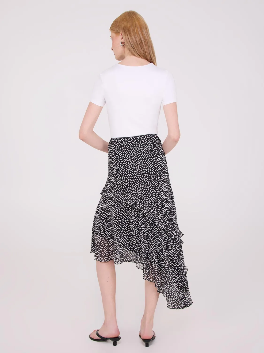 Printed Asymmetrical Ruffle Midi Skirt natural vibe