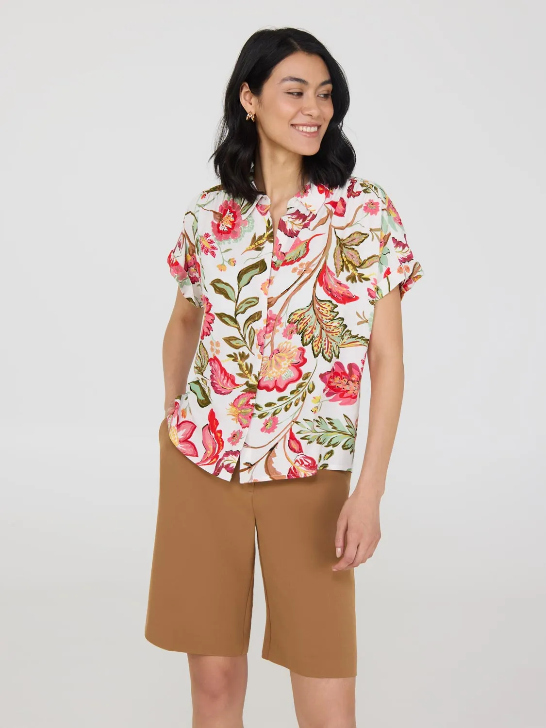 Printed Button-Front Bowling Shirt Explore More