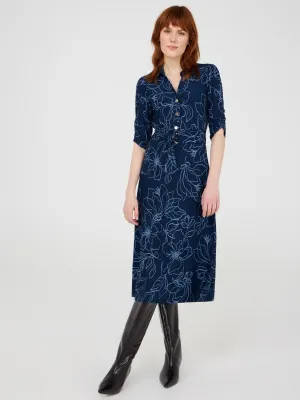 Printed Button-Front Midi Dress With Pockets close moments