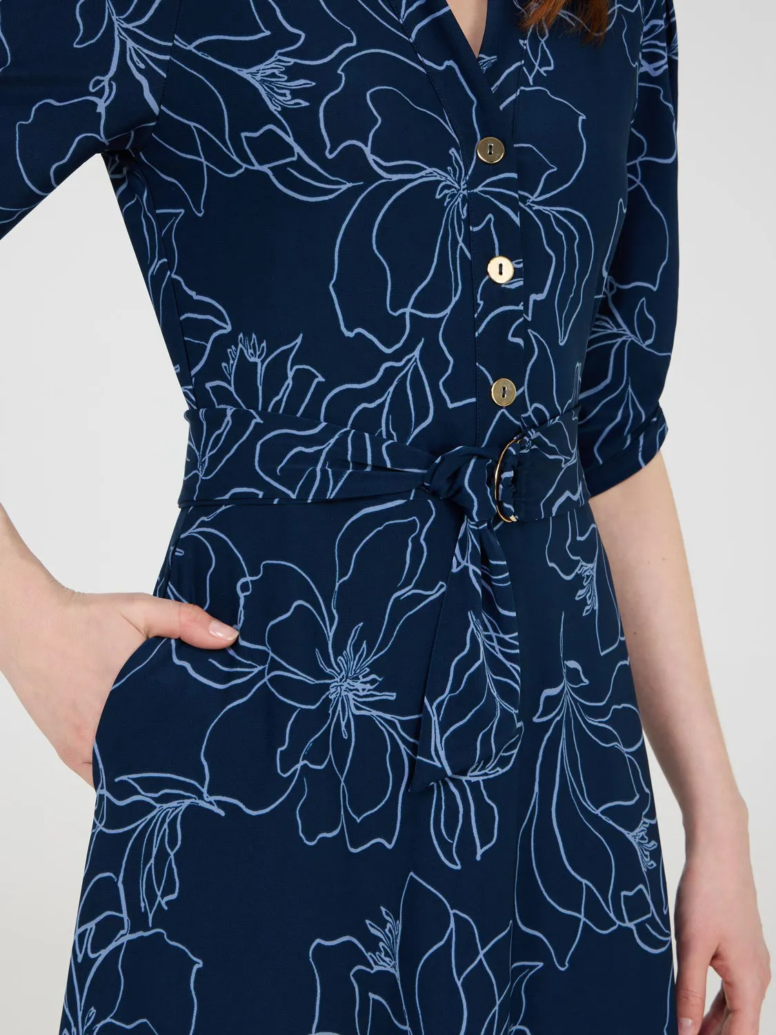 Printed Button-Front Midi Dress With Pockets light touch