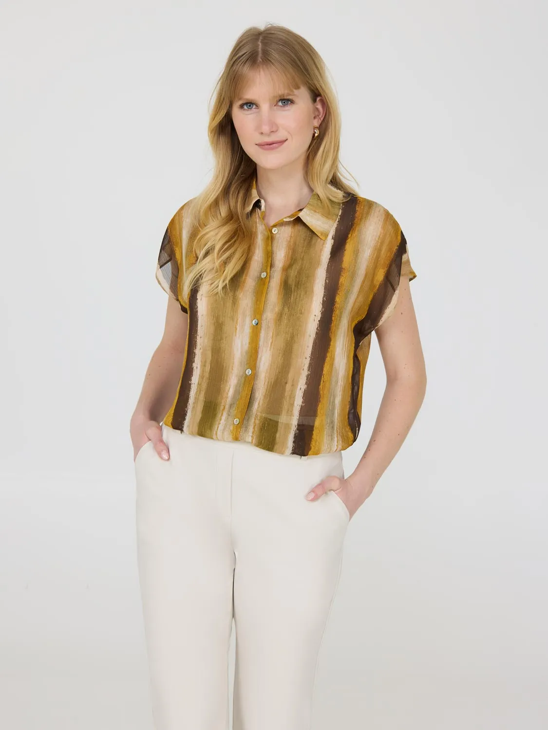 Printed Cap Sleeve Button-Up Blouse Fresh Identity