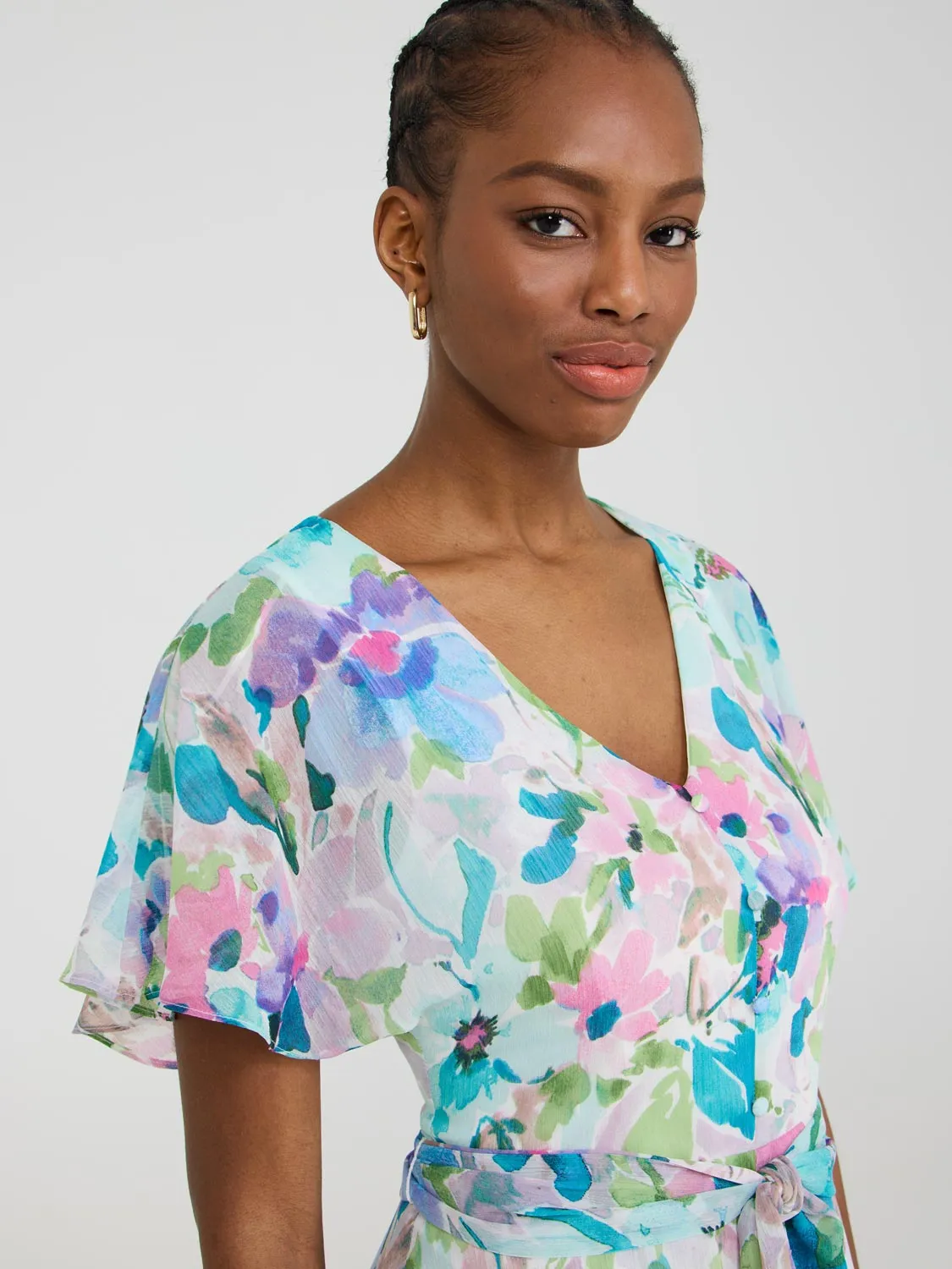 Printed Chiffon Handkerchief Hem Dress romantic feel