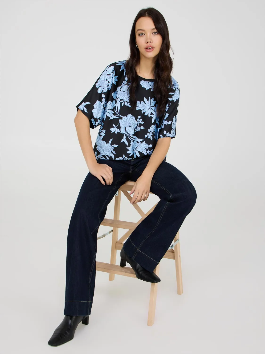 Printed Dolman Sleeve Satin Top Sport Vibes