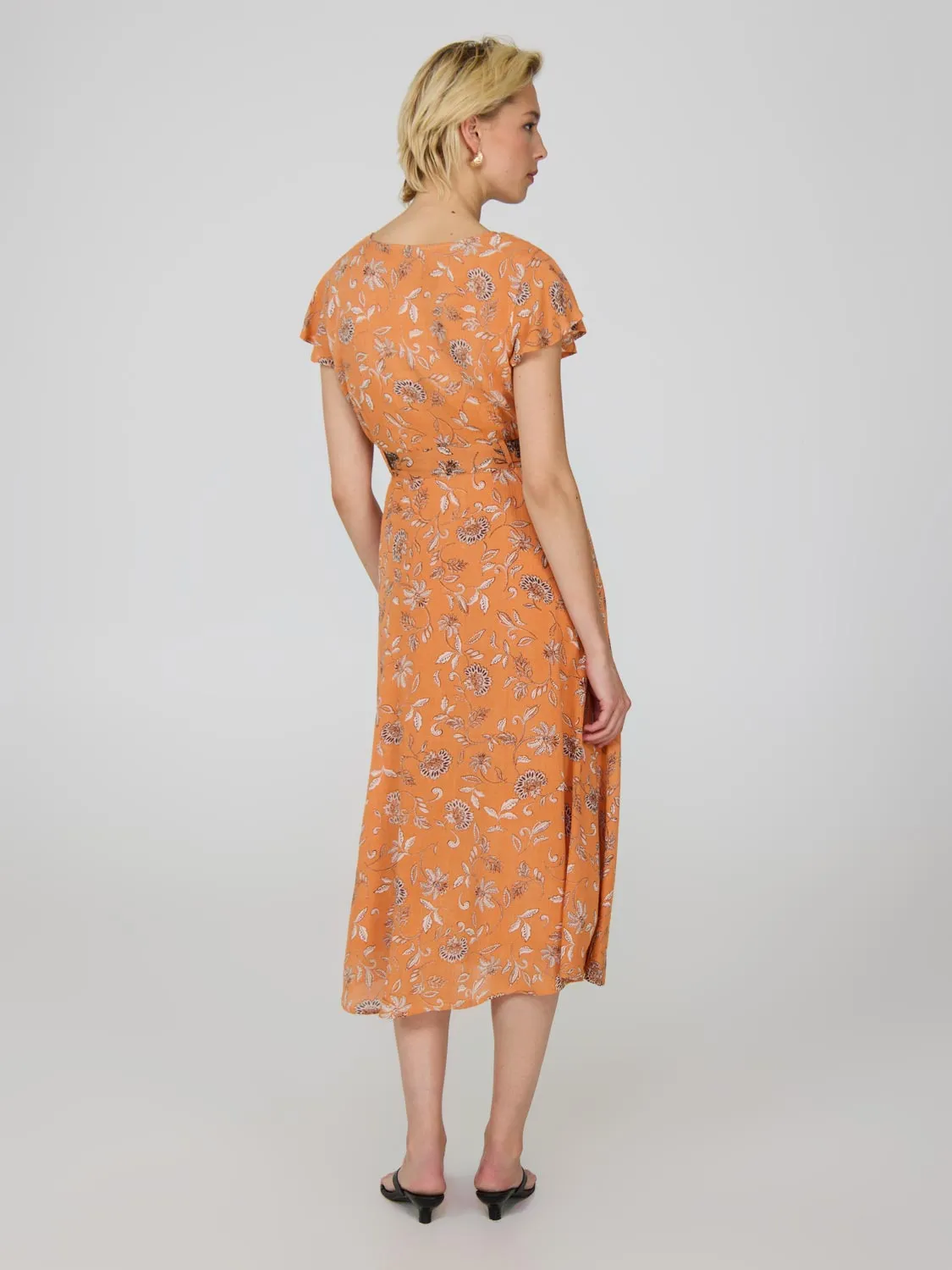 Printed Flutter Sleeve Button-Front Midi Dress energetic vibe