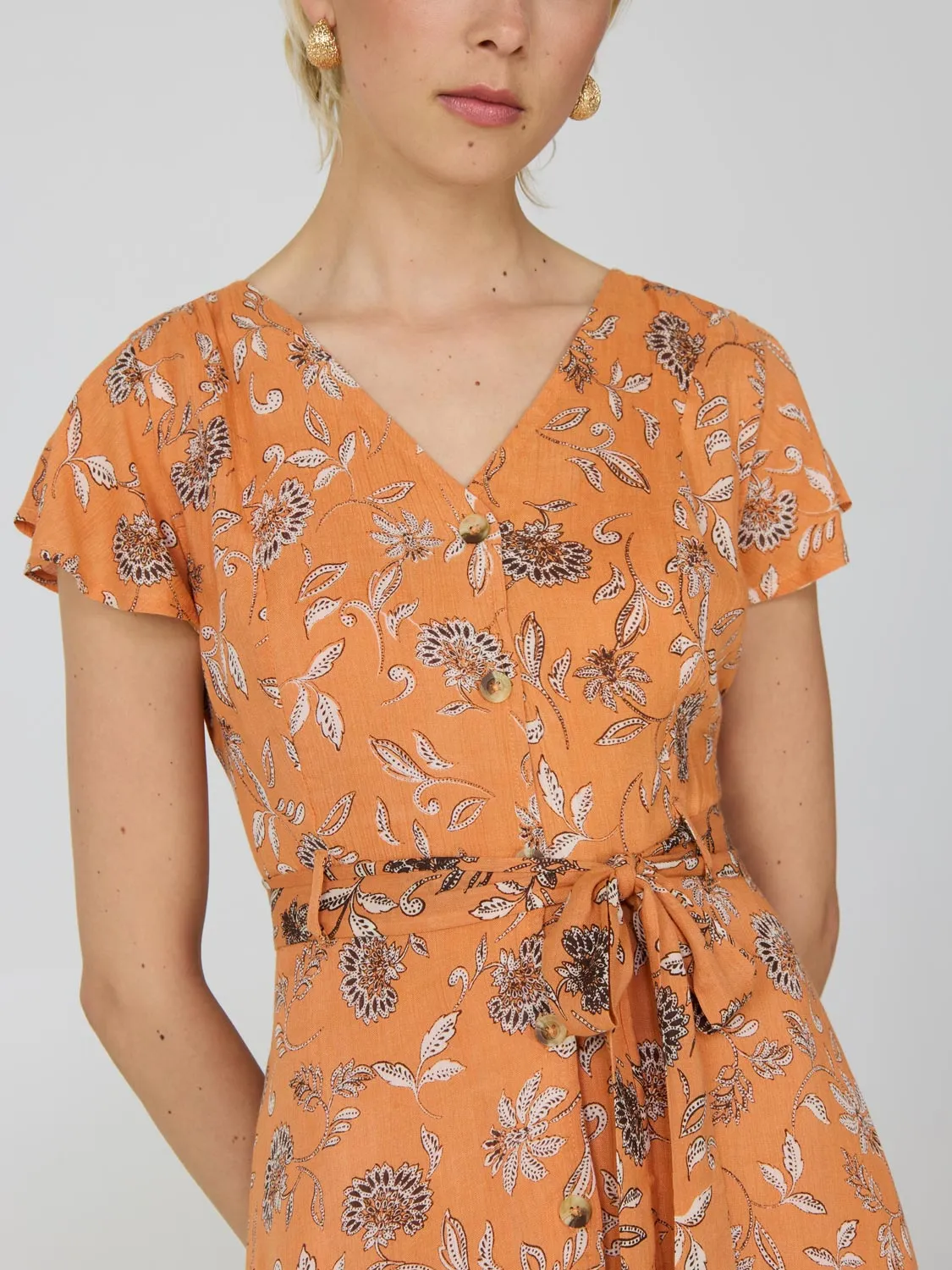 Printed Flutter Sleeve Button-Front Midi Dress minimal style