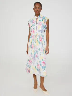 Printed Pleated Chiffon Dress With Ruffle Sleeves easy styling