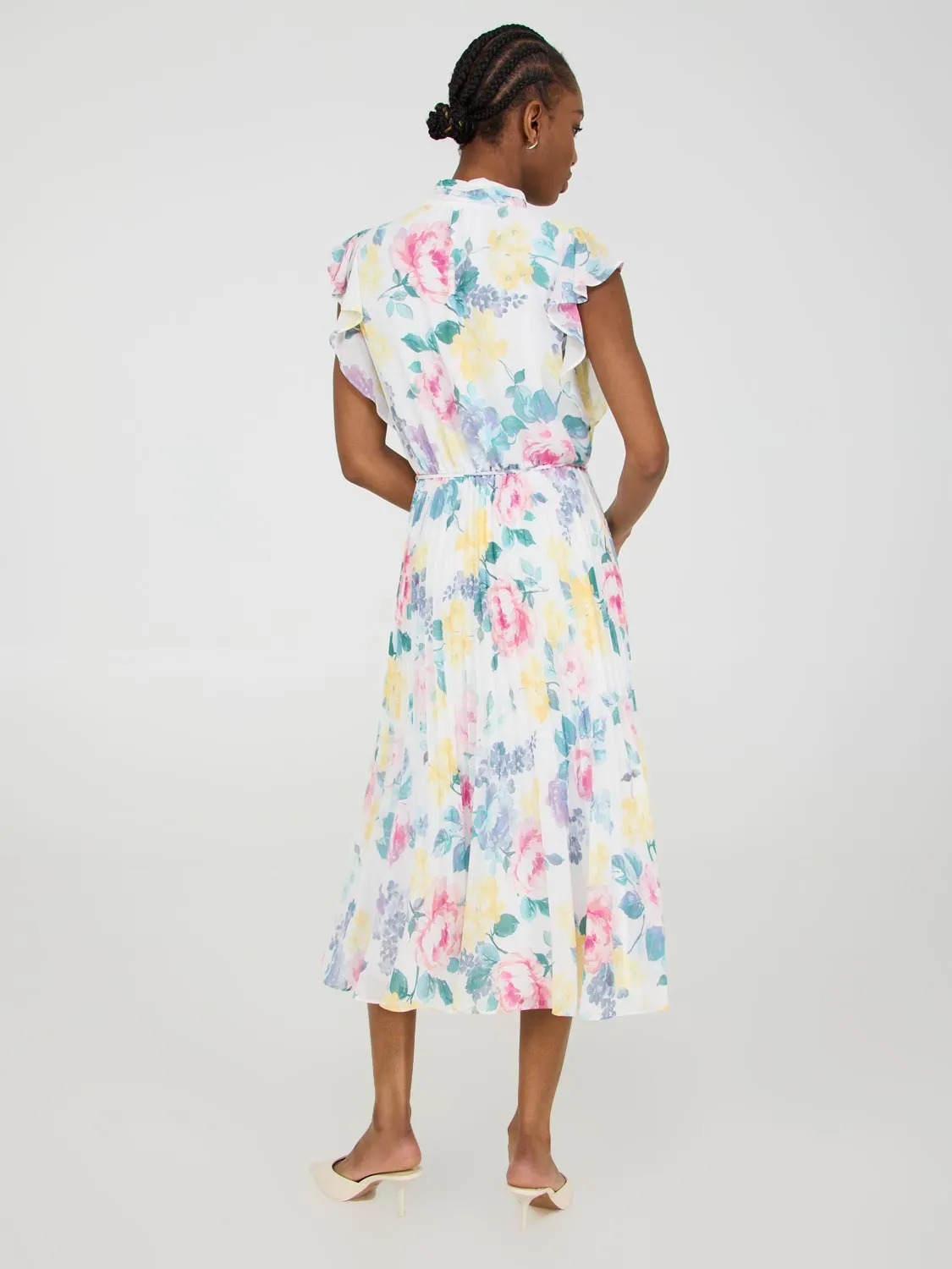 Printed Pleated Chiffon Dress With Ruffle Sleeves daily must