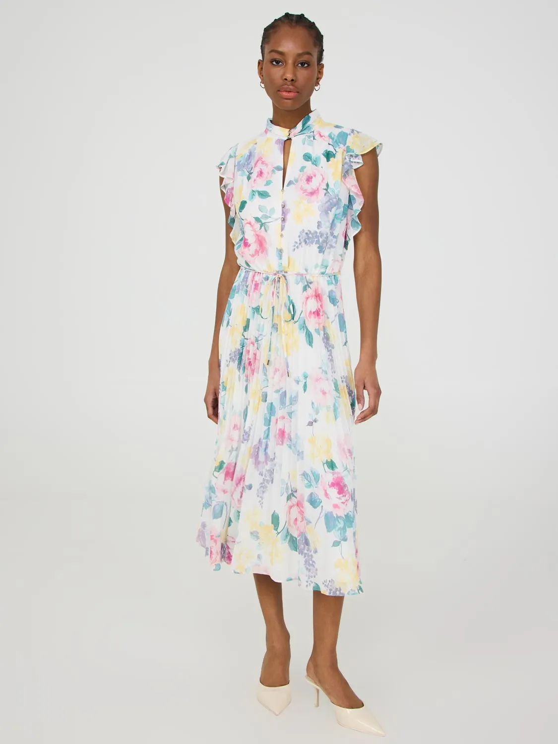 Printed Pleated Chiffon Dress With Ruffle Sleeves easy styling