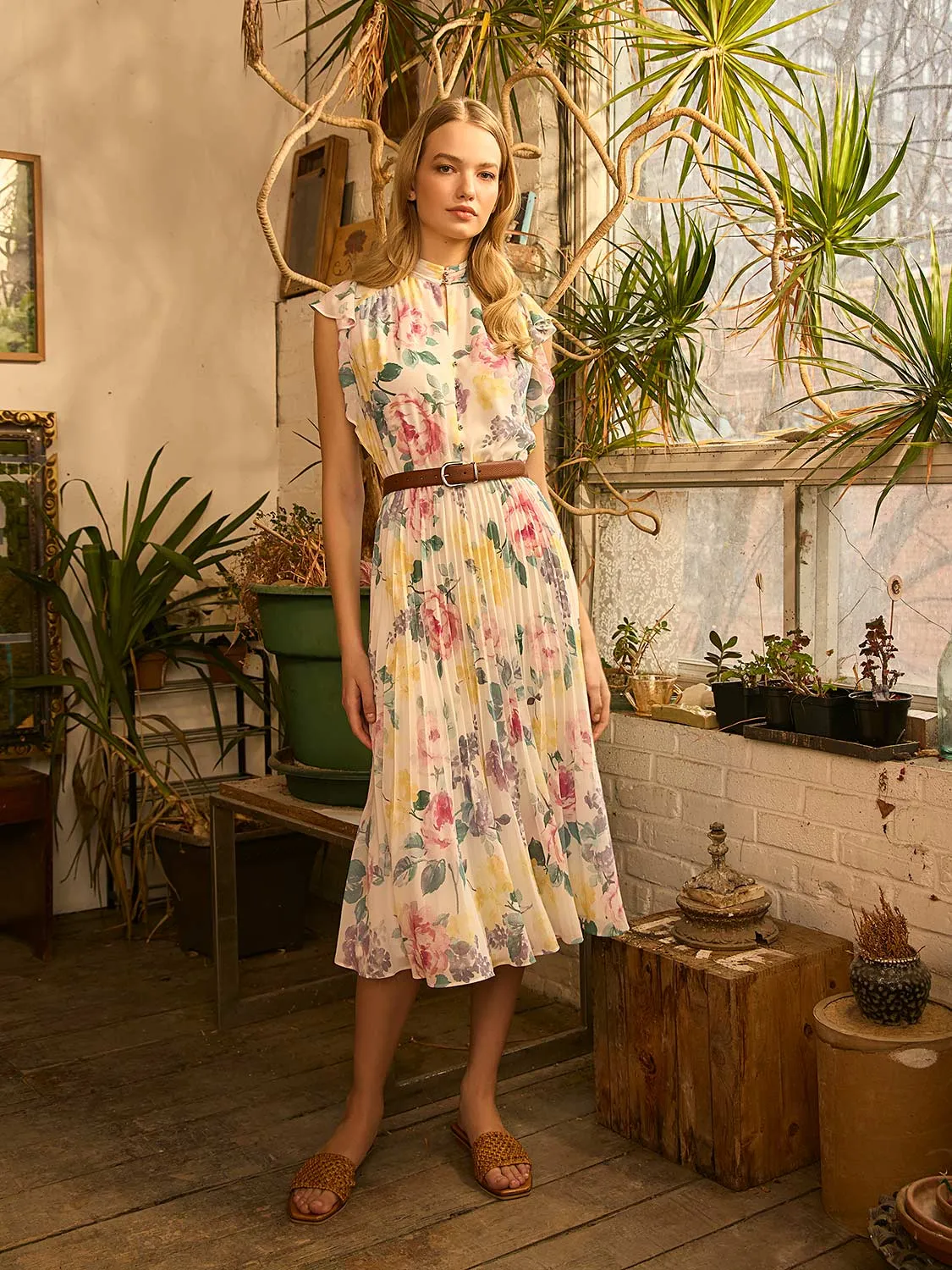 Printed Pleated Chiffon Dress With Ruffle Sleeves diverse style