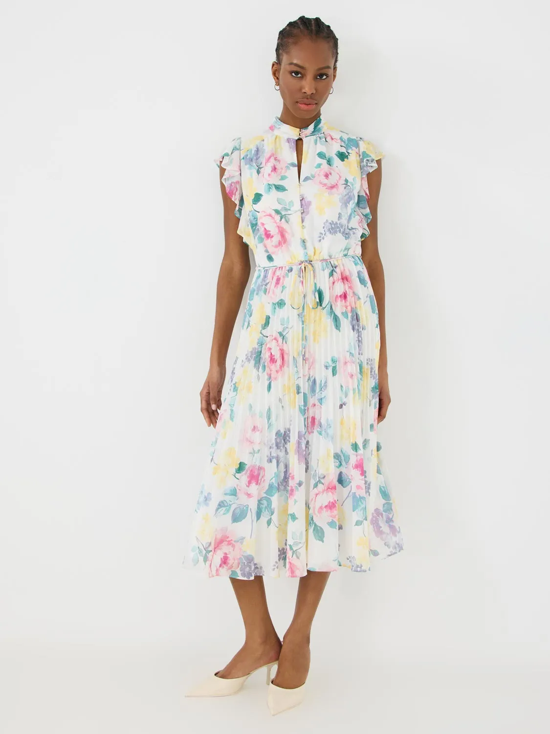 Printed Pleated Chiffon Dress With Ruffle Sleeves warm mood