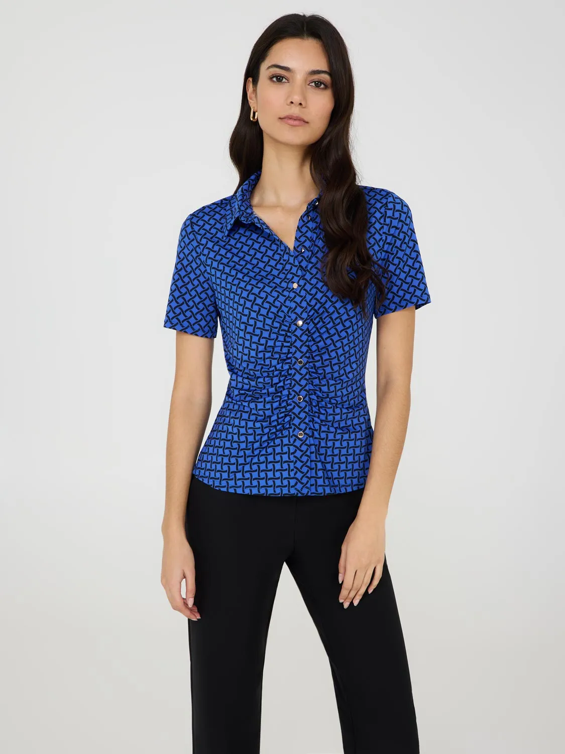 Printed Ruched Button-Front Blouse Fresh Identity
