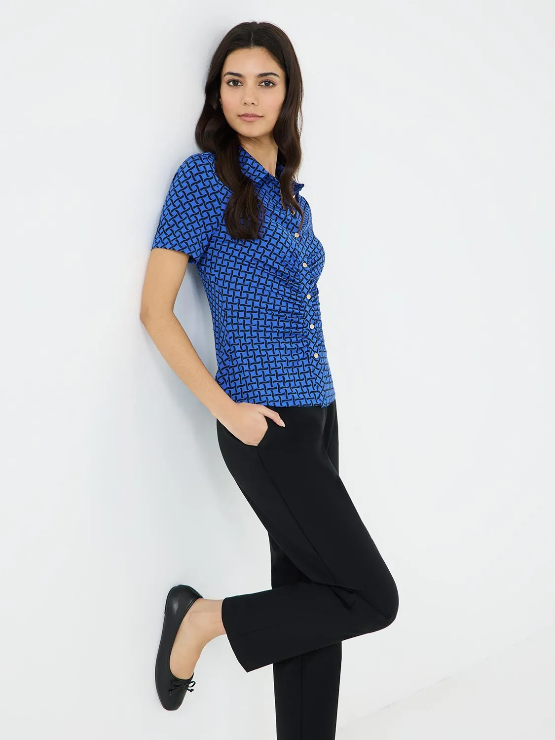 Printed Ruched Button-Front Blouse Carefree Fit