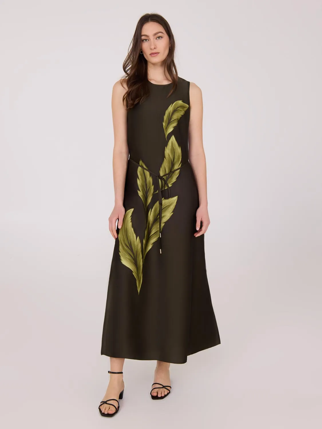 Printed Sleeveless Satin Midi Dress office look