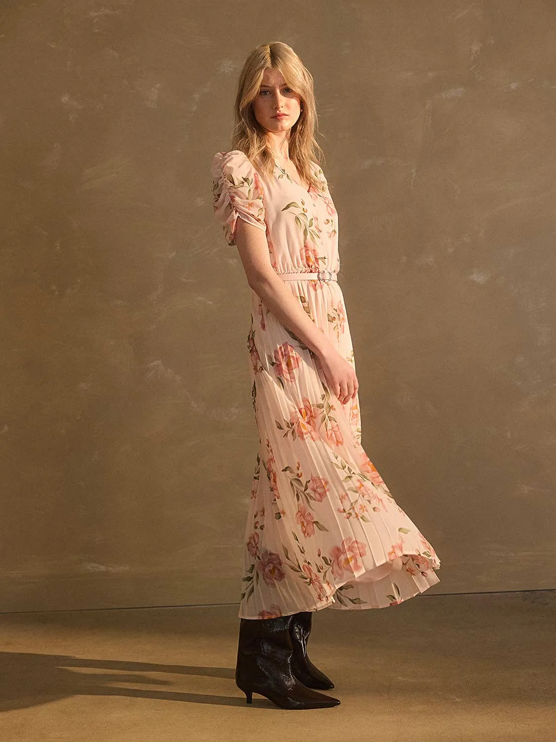 Printed V-Neck Pleated Midi Dress free look
