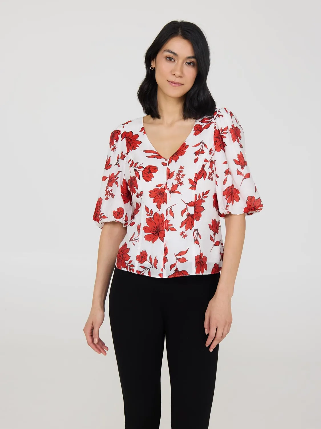 Puff Sleeve V-Neck Floral Top Casual Vibe