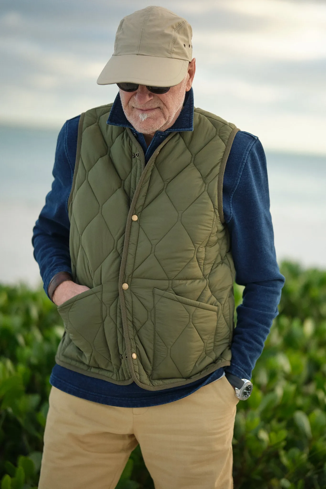 Quilted Vest in Olive downtown essential