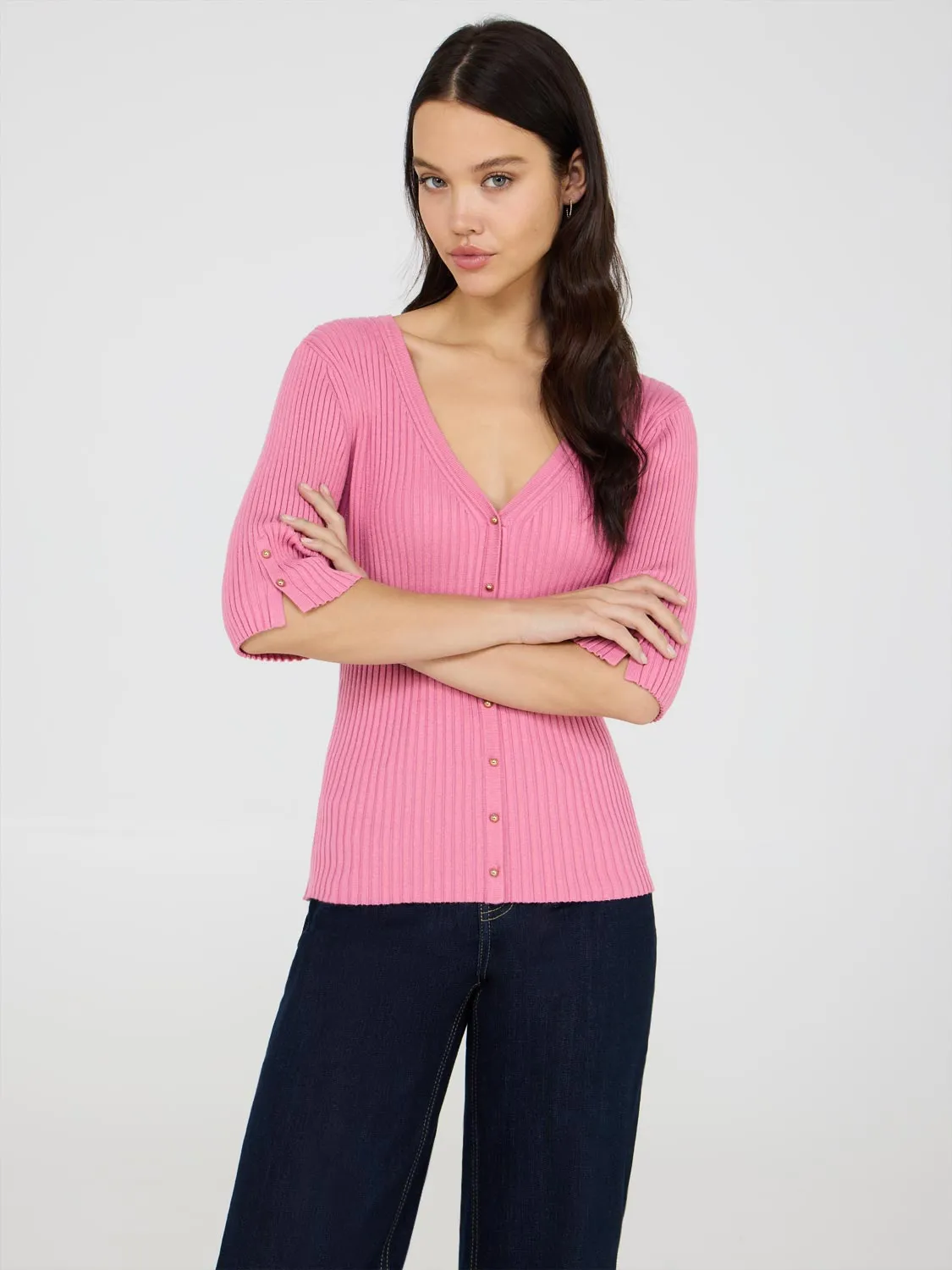 Ribbed V-Neck Button-Front Sweater Simple Cool