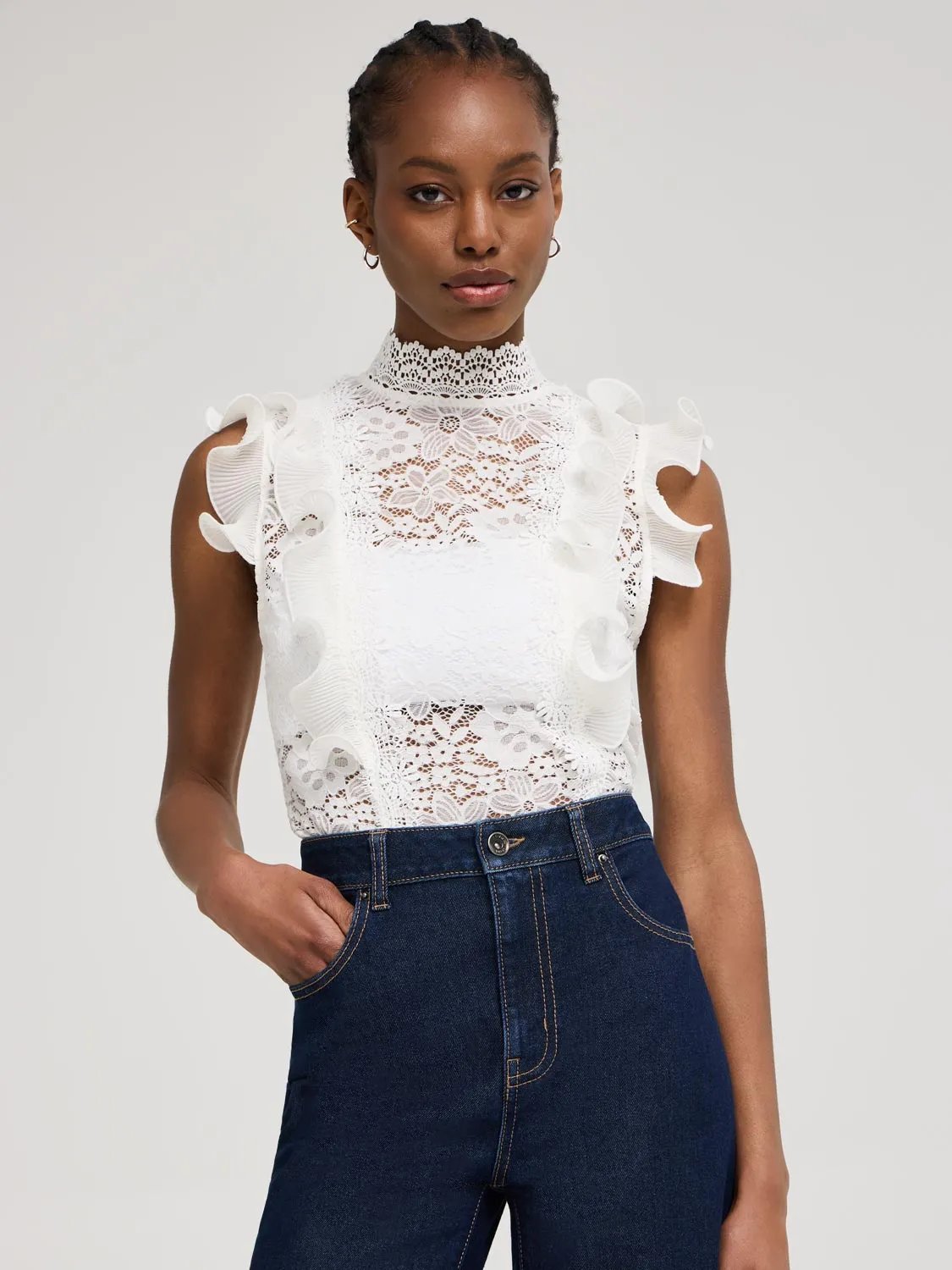 Ruffle Detail Sleeveless Lace Top low key