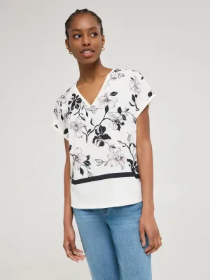 Satin Floral Border Print V-Neck Top Urban Spirit