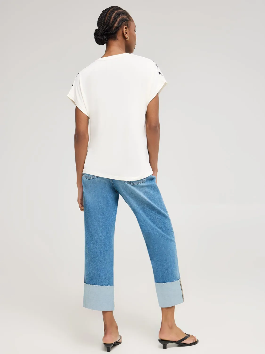 Satin Floral Border Print V-Neck Top Power Look