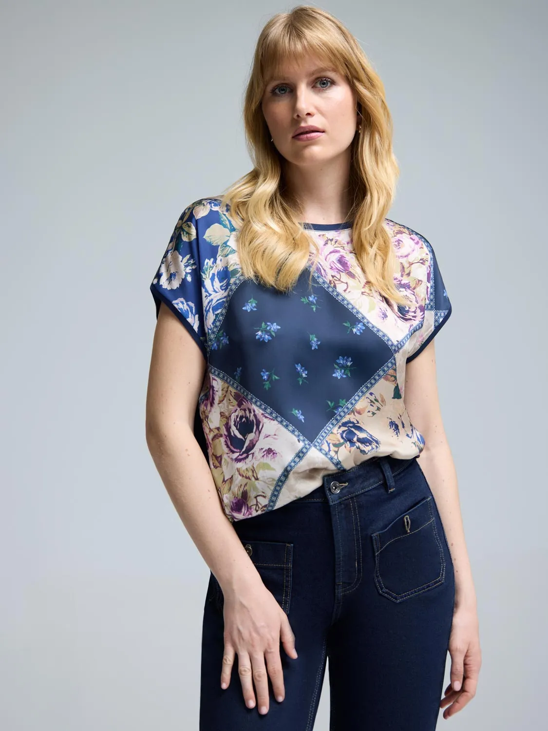 Satin Patchwork Crew Neck Top Easy Pick