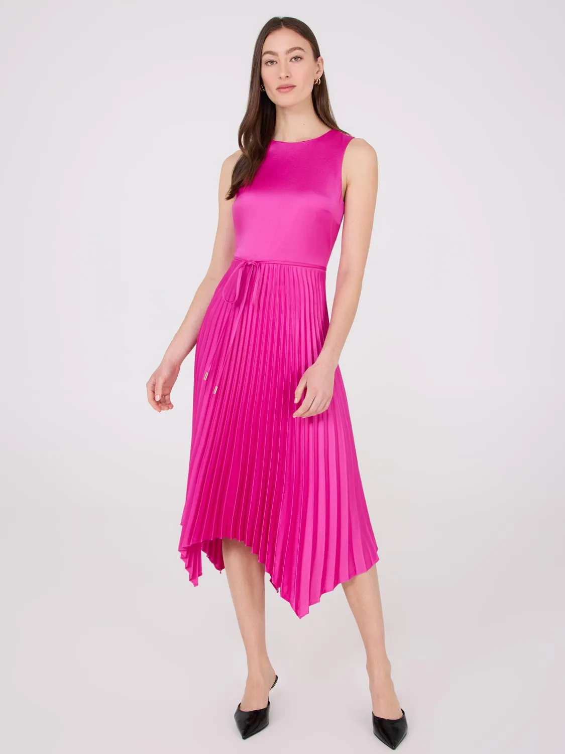 Satin Pleated Asymmetrical Hem Dress trending style