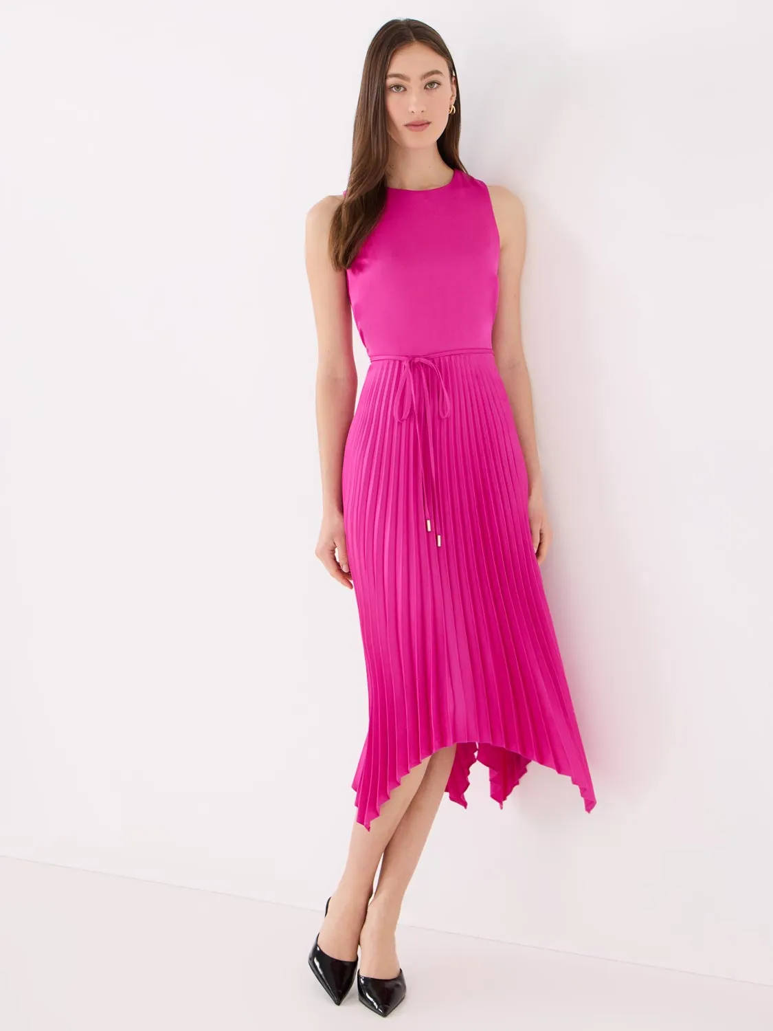 Satin Pleated Asymmetrical Hem Dress detail design