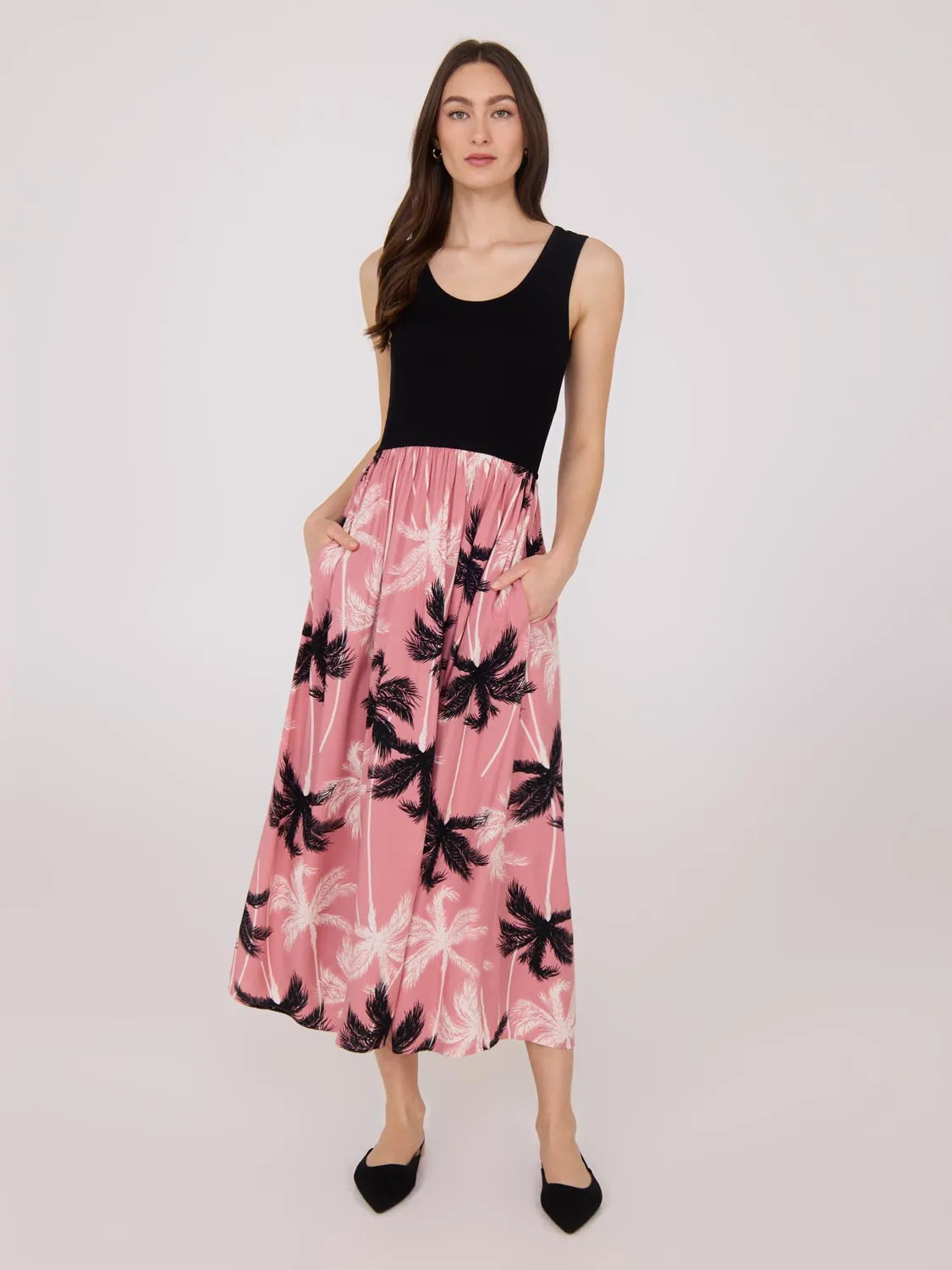 Scoop Neck Midi Dress With Floral Skirt romantic feel