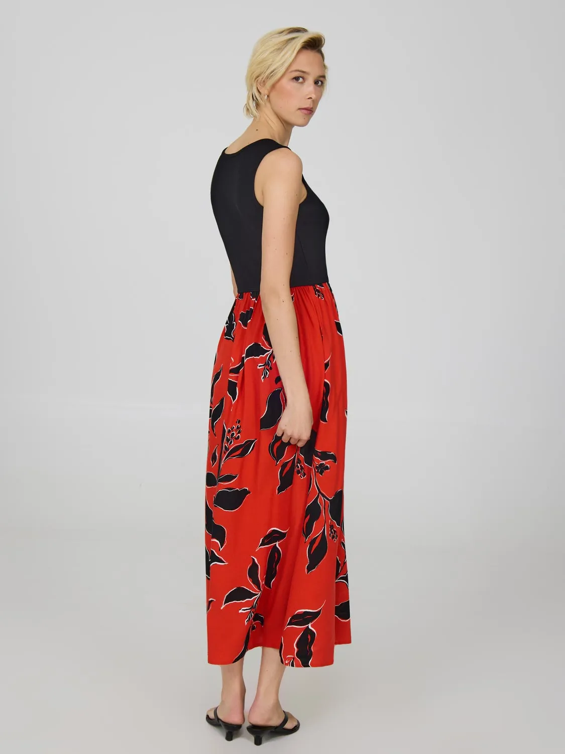 Scoop Neck Midi Dress With Shadow Print Skirt exotic charm