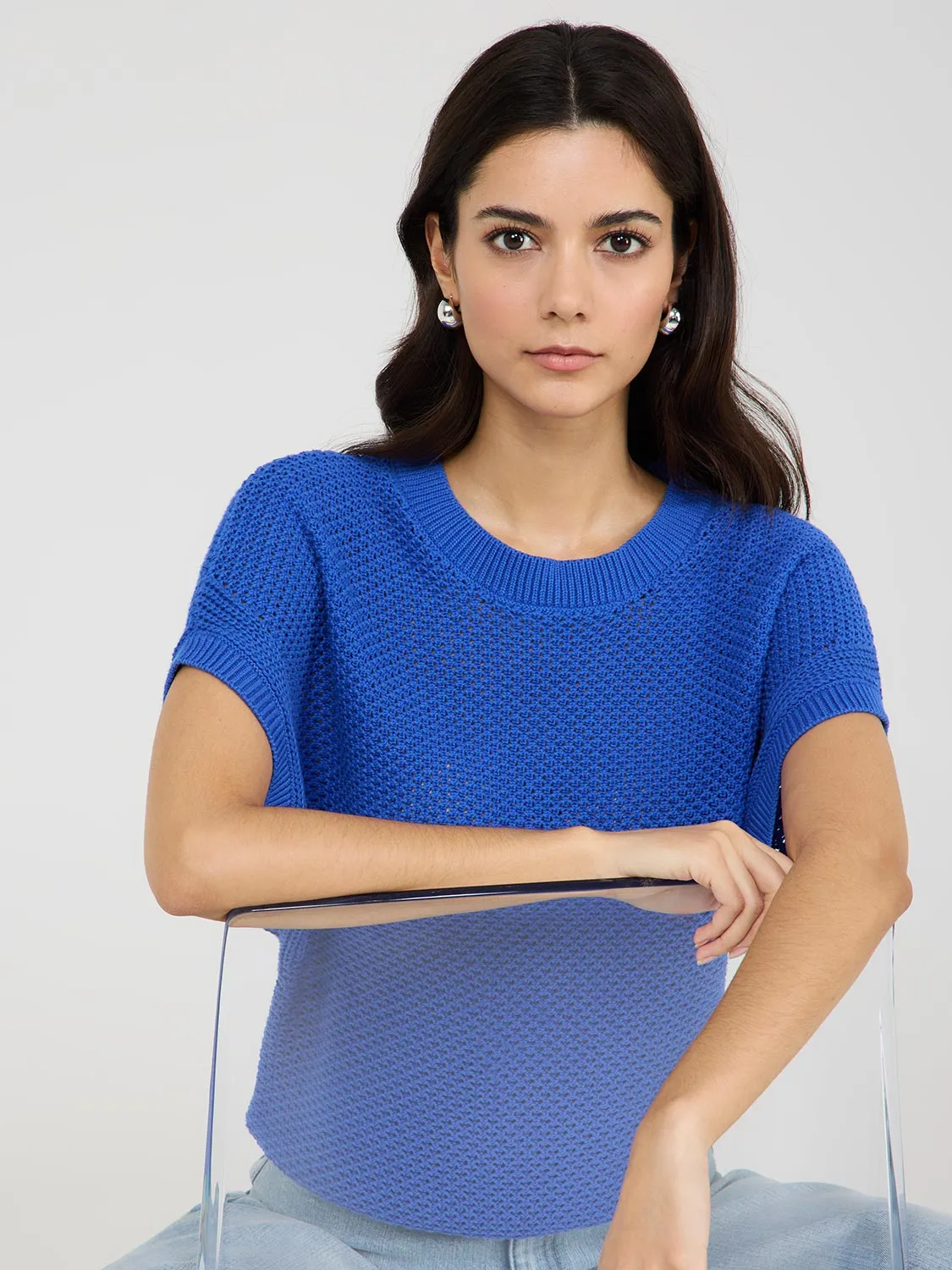 Short Dolman Sleeve Crochet Cotton Sweater Essential Edit